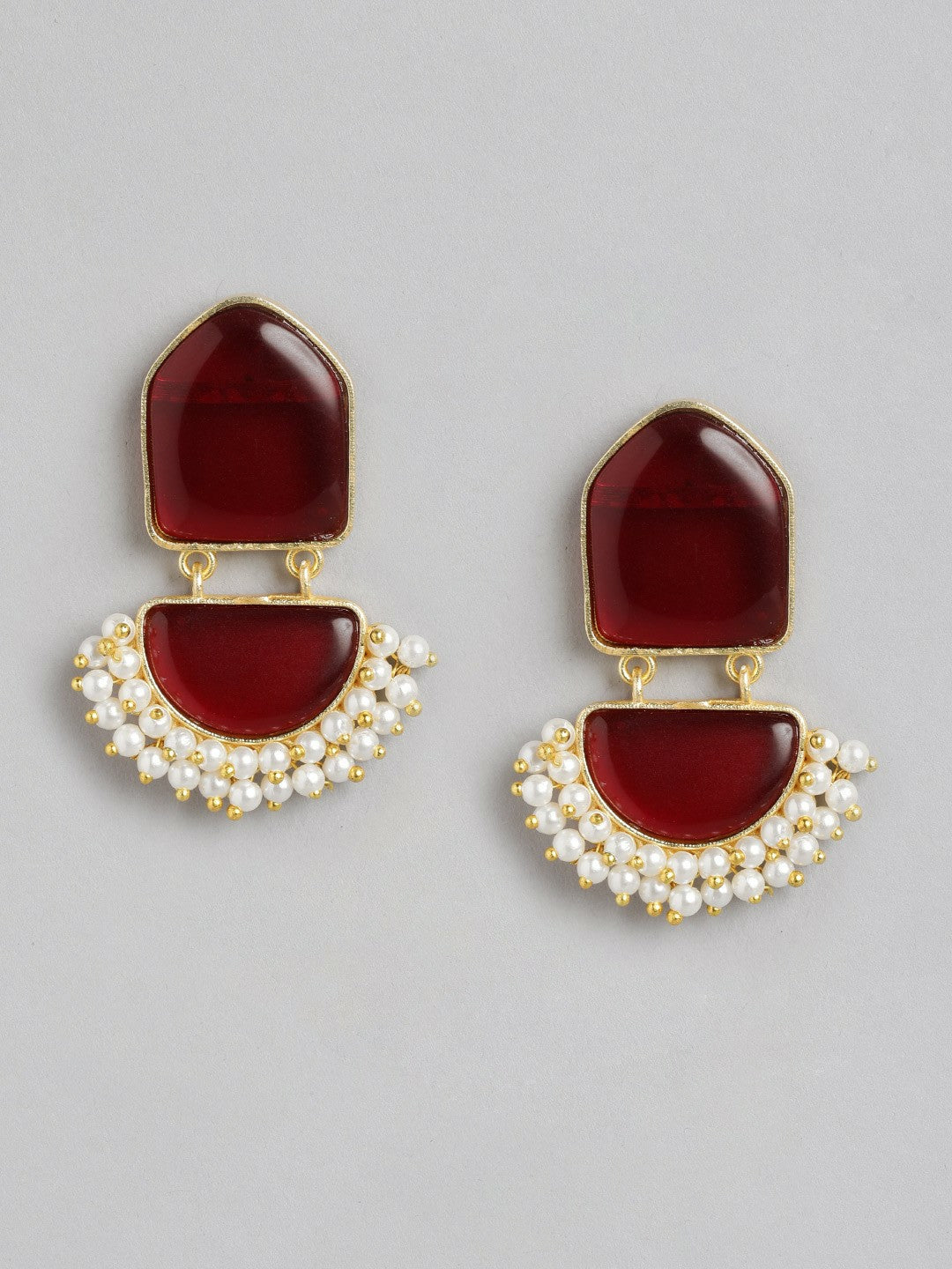 Gold-Plated Maroon Beaded Contemporary Drop Earrings