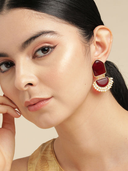 Gold-Plated Maroon Beaded Contemporary Drop Earrings