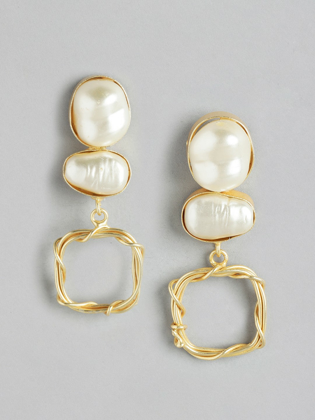 Gold Plated Mother of Pearl Studded Contemporary Drop Earrings