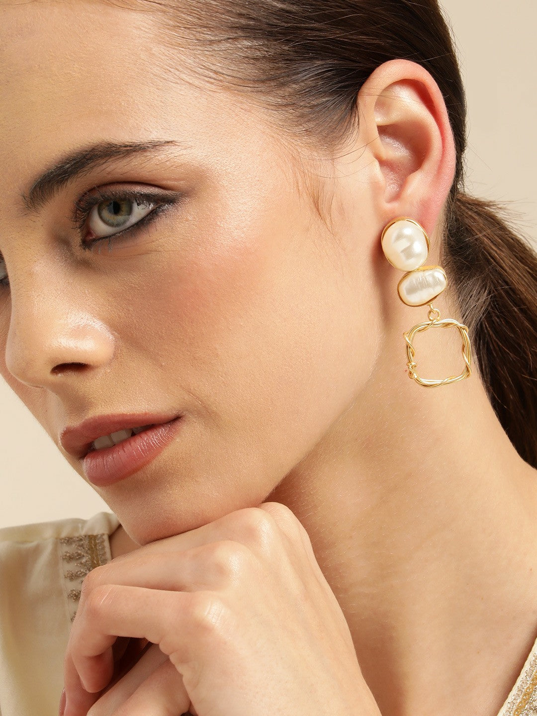 Gold Plated Mother of Pearl Studded Contemporary Drop Earrings