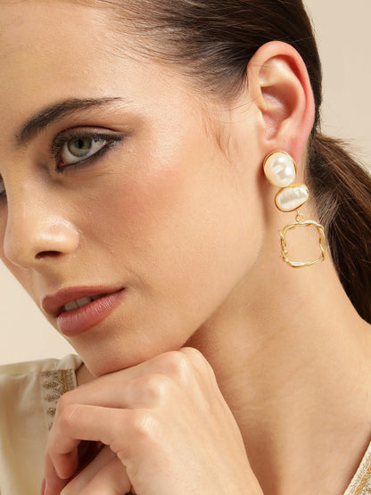 Gold Plated Mother of Pearl Studded Contemporary Drop Earrings