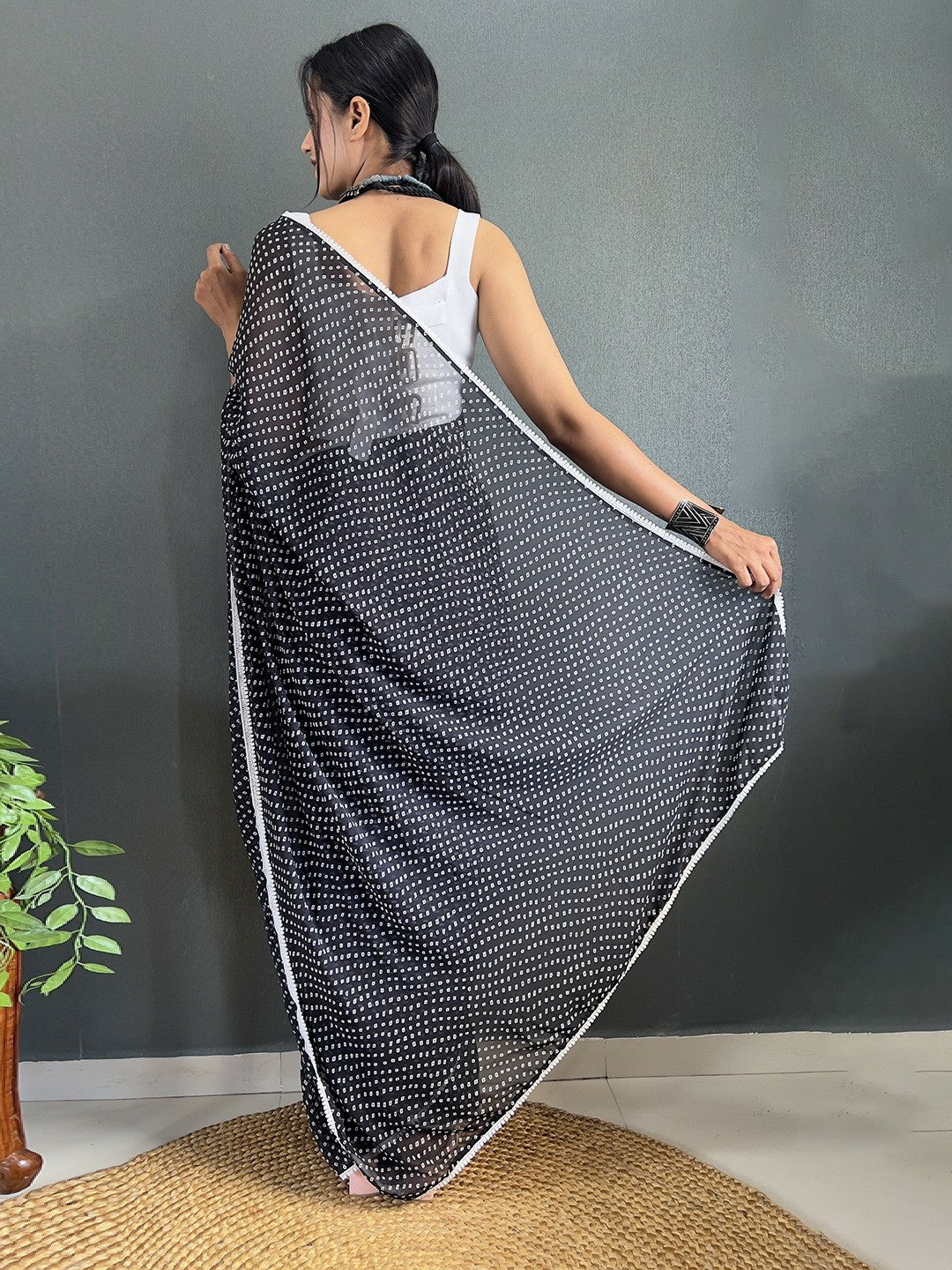 Buy Black & White Bandhani Printed Saree with Border – Pure Georgette | Indiaista