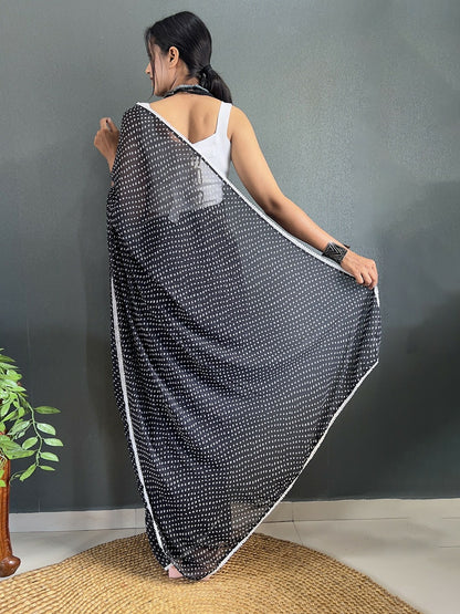 Buy Black & White Bandhani Printed Saree with Border – Pure Georgette | Indiaista