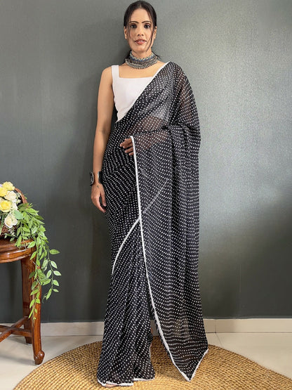 Buy Black & White Bandhani Printed Saree with Border – Pure Georgette | Indiaista