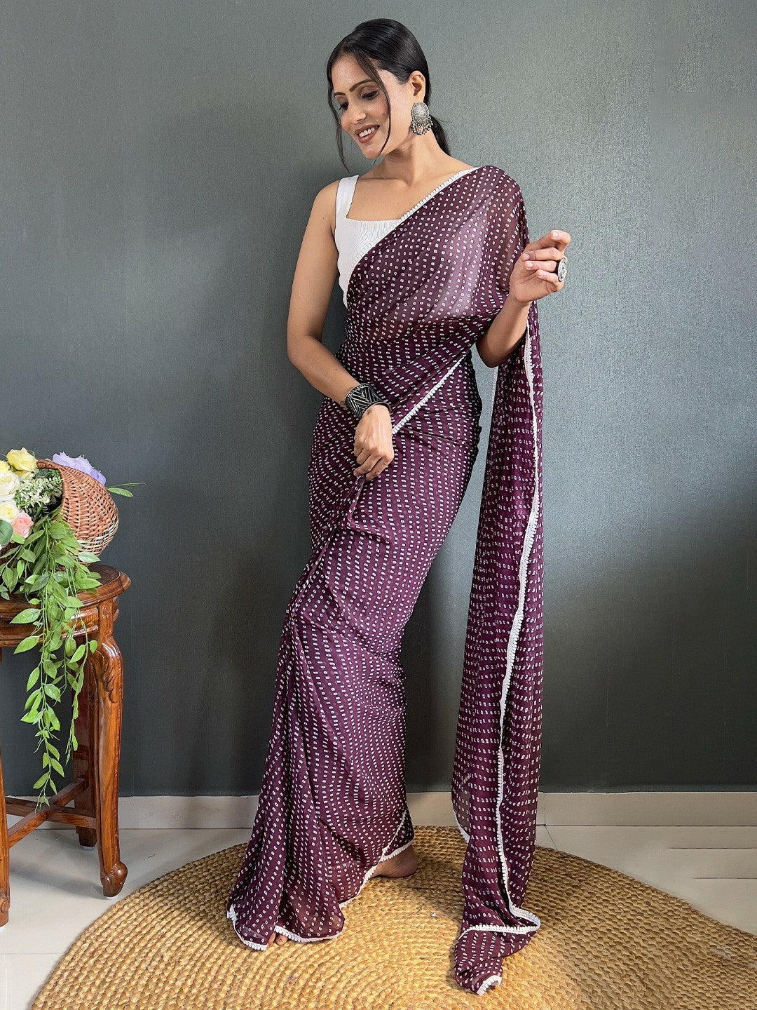 Buy Coffee Brown & White Bandhani Printed Saree with Embroidered Border – Indiaista