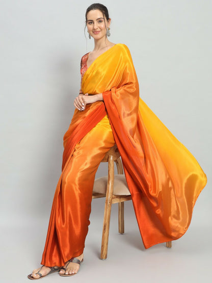 Buy Yellow & Orange Solid Satin Saree Online – No Border, Ready to Wear | Indiaista