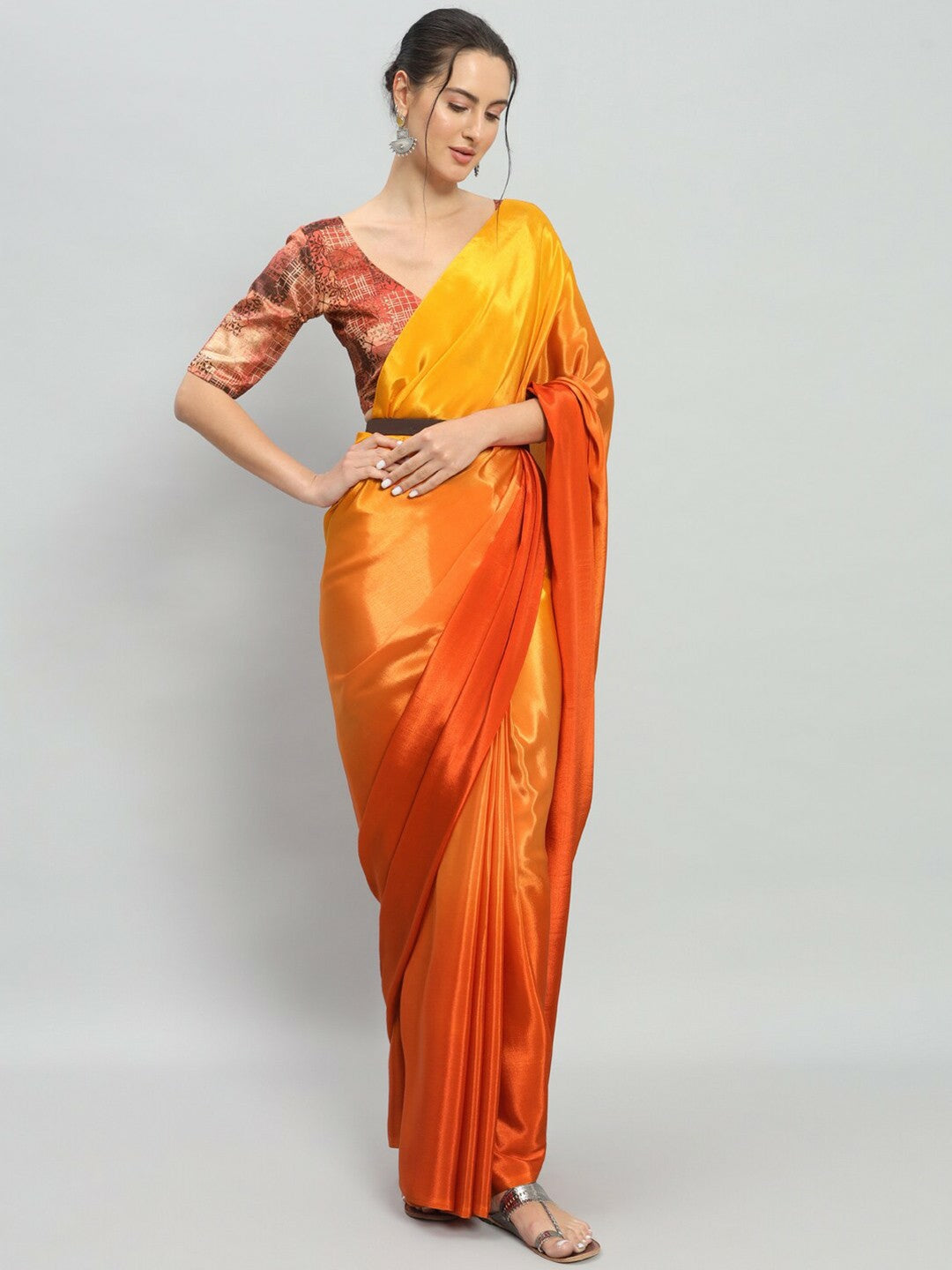 Buy Yellow & Orange Solid Satin Saree Online – No Border, Ready to Wear | Indiaista