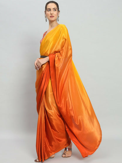 Buy Yellow & Orange Solid Satin Saree Online – No Border, Ready to Wear | Indiaista