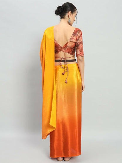 Buy Yellow & Orange Solid Satin Saree Online – No Border, Ready to Wear | Indiaista