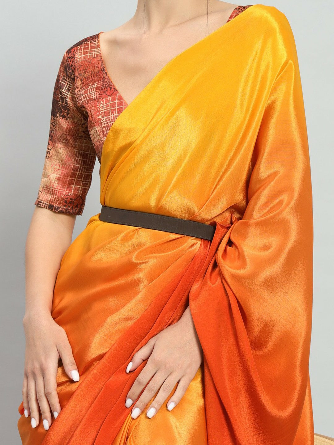 Buy Yellow & Orange Solid Satin Saree Online – No Border, Ready to Wear | Indiaista