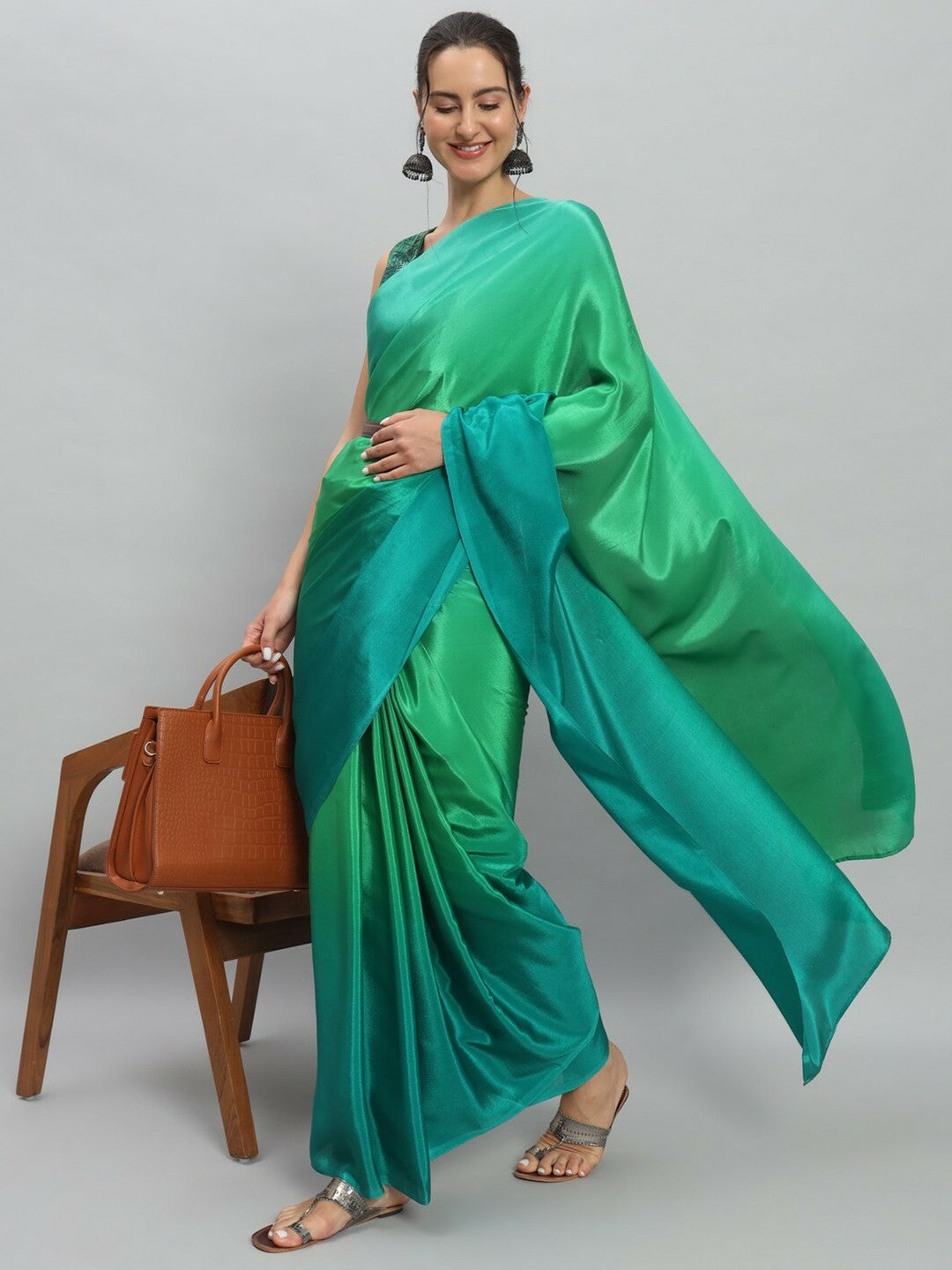 Buy Green & Blue Solid Satin Saree – Ready to Wear with Unstitched Blouse | Indiaista