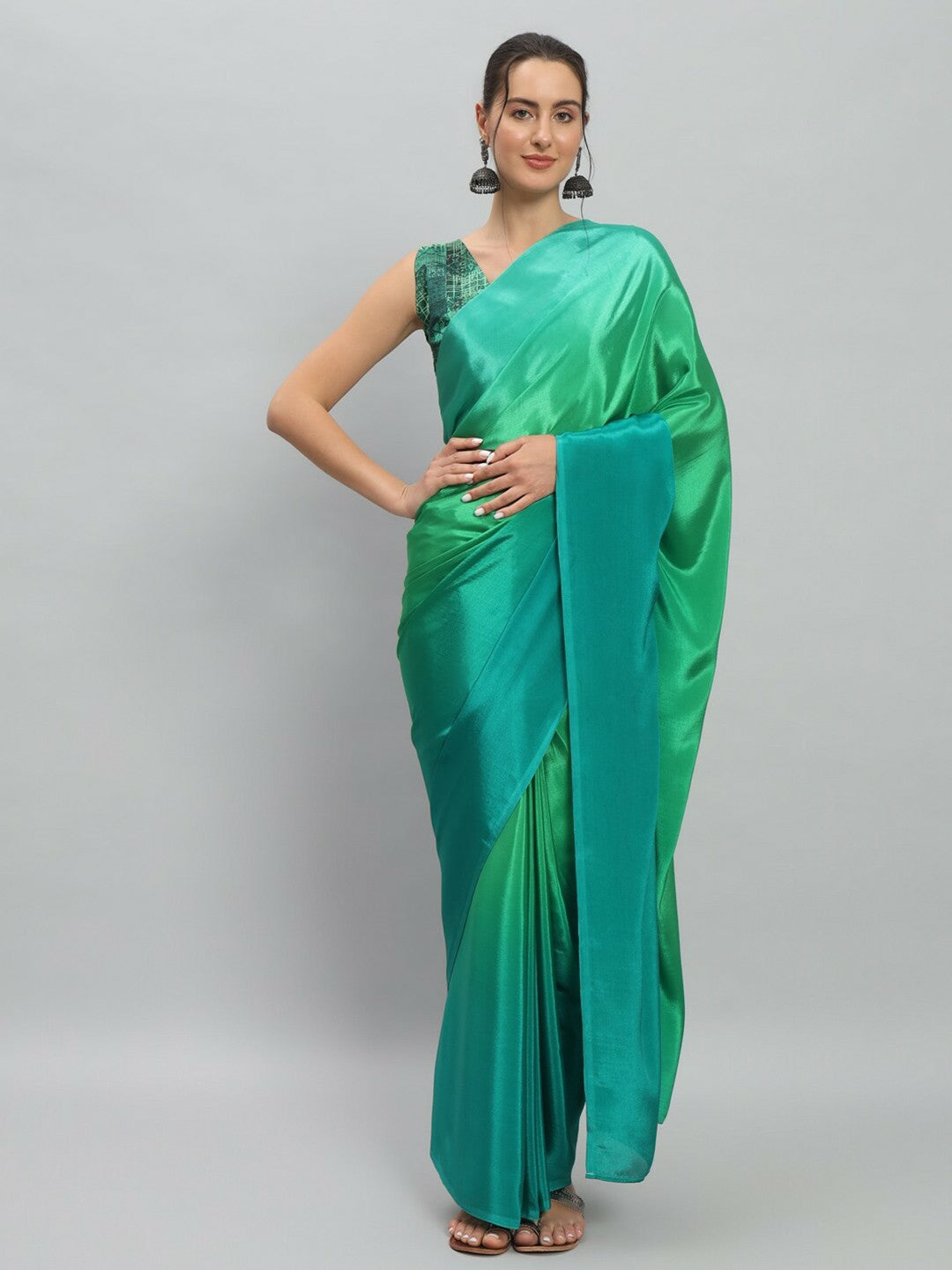 Buy Green & Blue Solid Satin Saree – Ready to Wear with Unstitched Blouse | Indiaista