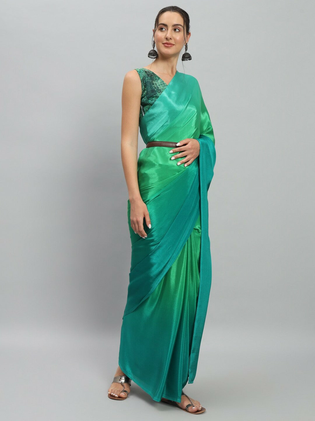 Buy Green & Blue Solid Satin Saree – Ready to Wear with Unstitched Blouse | Indiaista