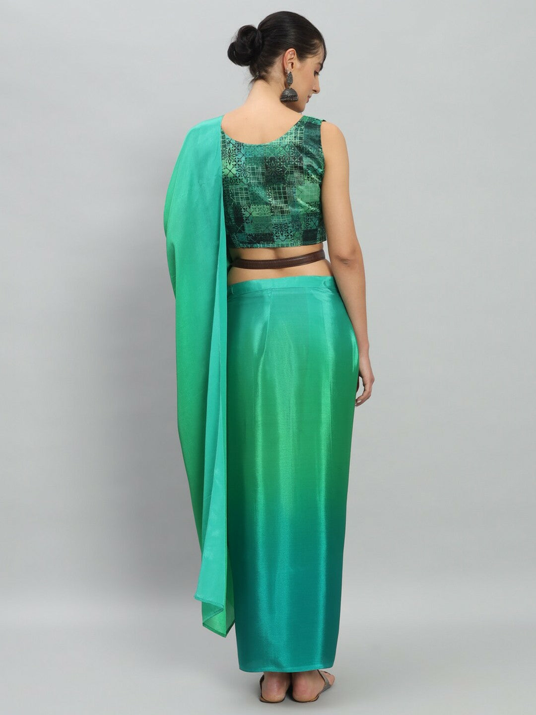 Buy Green & Blue Solid Satin Saree – Ready to Wear with Unstitched Blouse | Indiaista