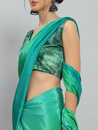 Buy Green & Blue Solid Satin Saree – Ready to Wear with Unstitched Blouse | Indiaista