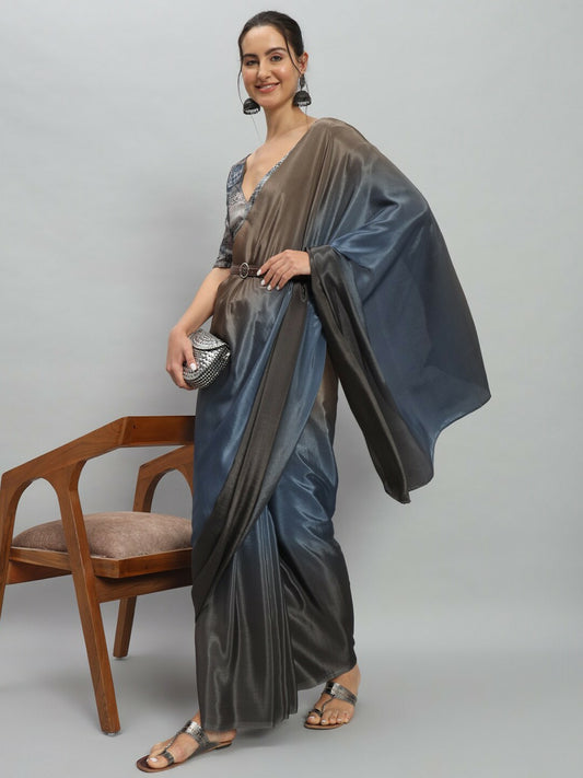 Buy Blue & Brown Solid Satin Saree – No Border | Ready to Wear Saree Online