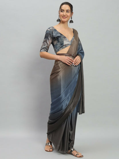 Buy Blue & Brown Solid Satin Saree – No Border | Ready to Wear Saree Online