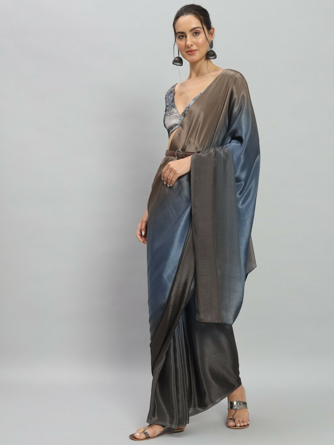 Buy Blue & Brown Solid Satin Saree – No Border | Ready to Wear Saree Online