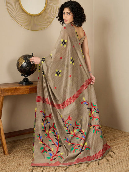 Buy Brown & Black Banarasi Saree with Geometric Woven Design & Solid Border – Indiaista