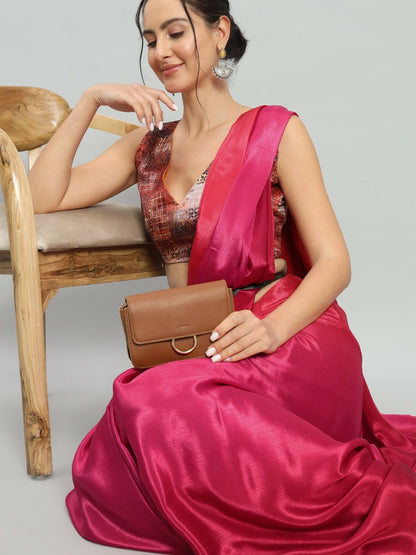 Buy Elegant Pink Satin Saree – Solid, No Border | Indiaista