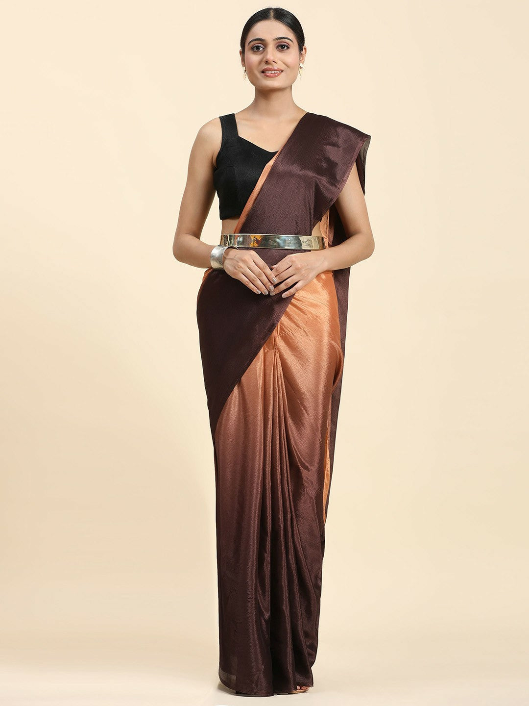 Buy Brown Ombre Saree Without Border – Poly Chiffon Ready to Wear Saree | Indiaista