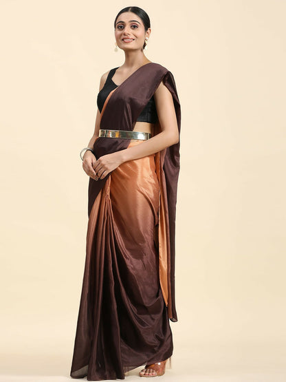 Buy Brown Ombre Saree Without Border – Poly Chiffon Ready to Wear Saree | Indiaista