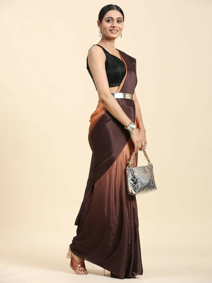 Buy Brown Ombre Saree Without Border – Poly Chiffon Ready to Wear Saree | Indiaista