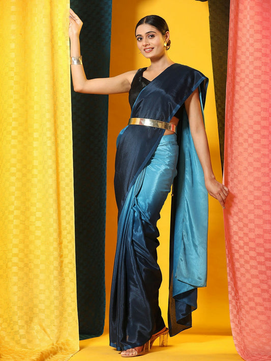 Buy Blue & Navy Blue Ombre Dyed Saree Online – Poly Chiffon Ready to Wear