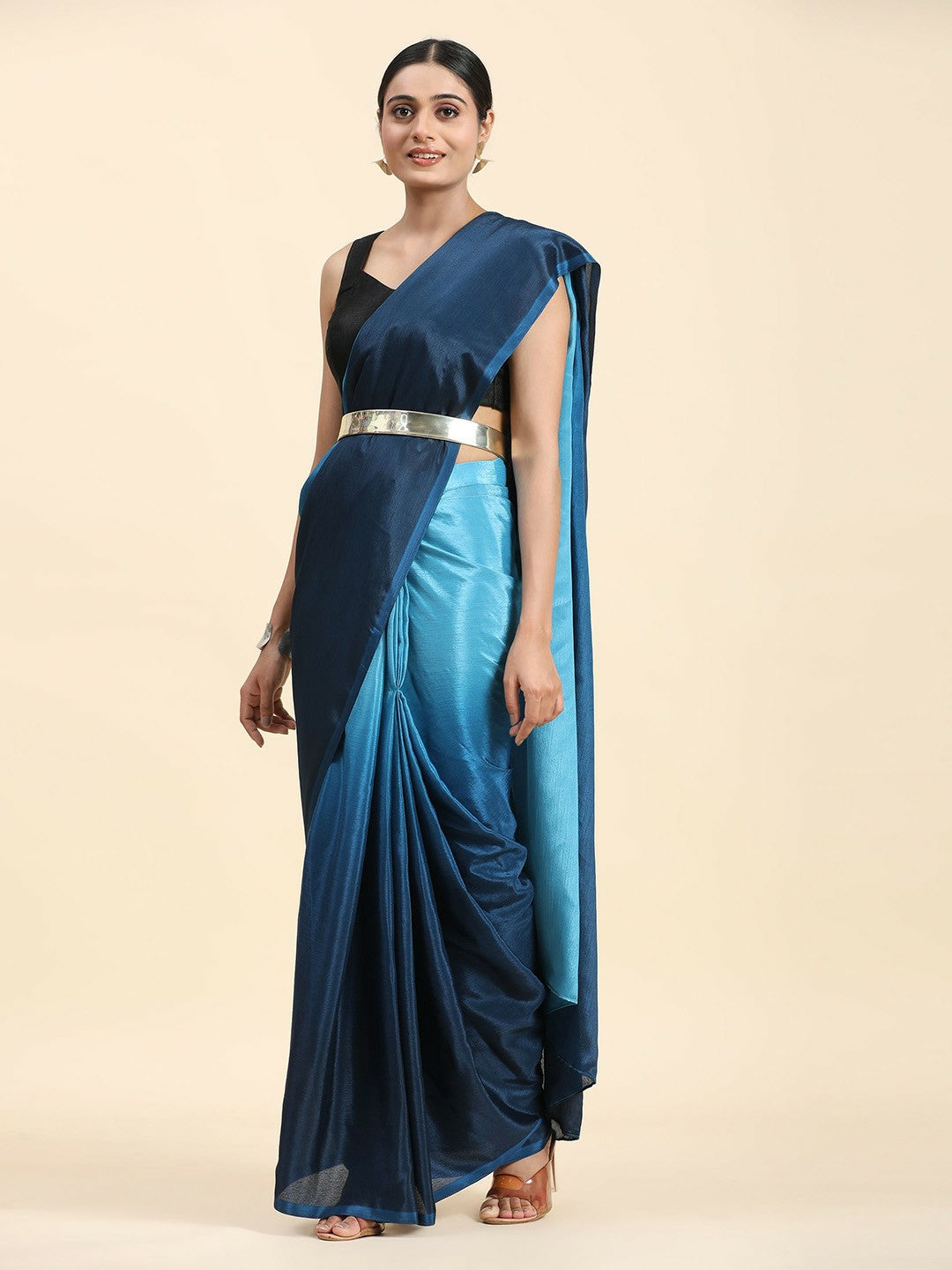 Buy Blue & Navy Blue Ombre Dyed Saree Online – Poly Chiffon Ready to Wear