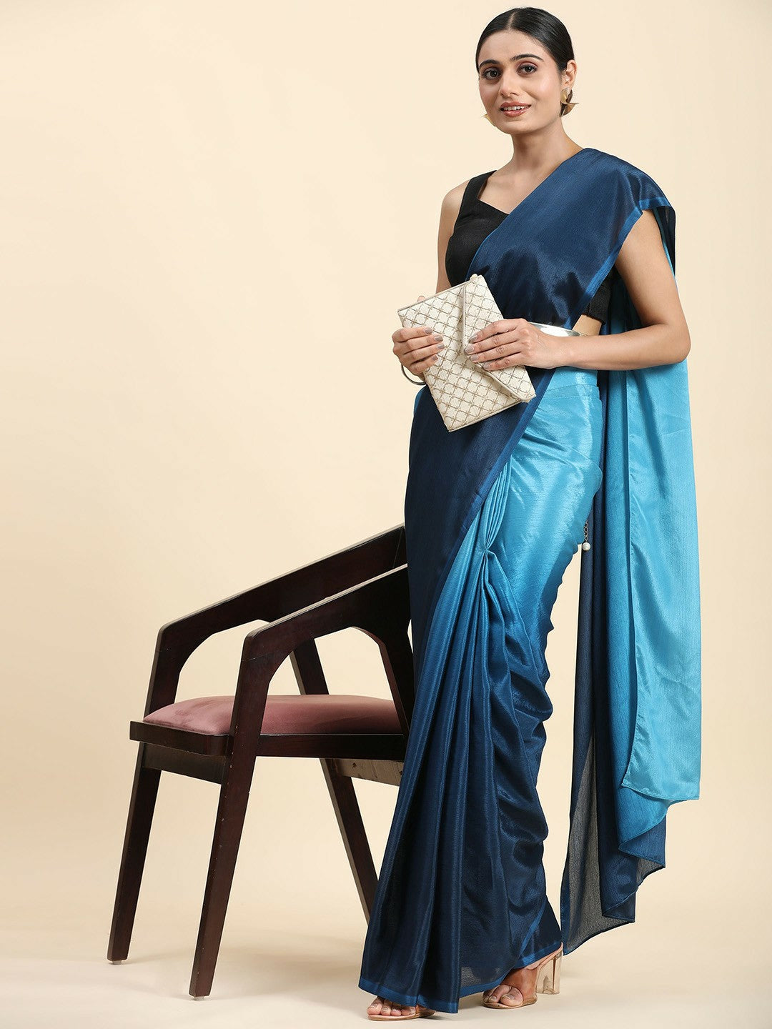 Buy Blue & Navy Blue Ombre Dyed Saree Online – Poly Chiffon Ready to Wear