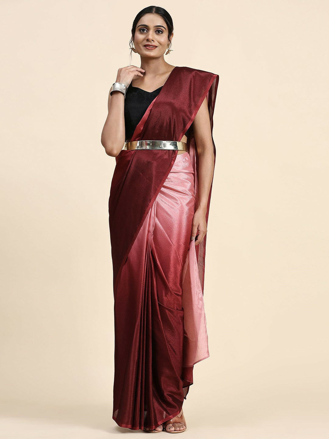 Maroon & Pink Ombre Dyed Poly Chiffon Saree – Elegant Ready-to-Wear Saree | Indiaista