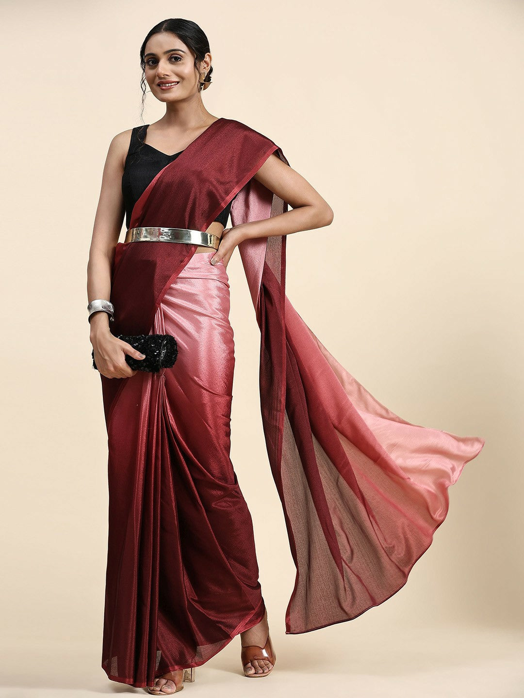 Maroon & Pink Ombre Dyed Poly Chiffon Saree – Elegant Ready-to-Wear Saree | Indiaista