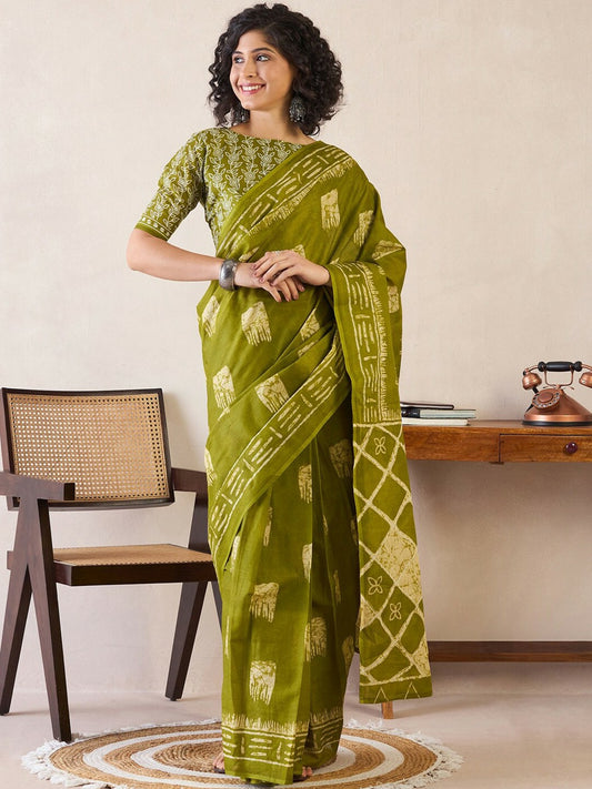 Buy Olive Green Ethnic Motifs Bagru Saree – Poly Cotton, Ready to Wear | Indiaista