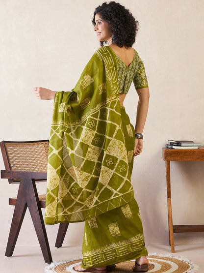 Buy Olive Green Ethnic Motifs Bagru Saree – Poly Cotton, Ready to Wear | Indiaista