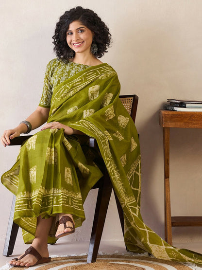 Buy Olive Green Ethnic Motifs Bagru Saree – Poly Cotton, Ready to Wear | Indiaista