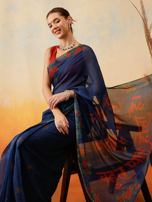 Buy Navy Blue & Red Floral Printed Chanderi Saree with Printed Border | Indiaista