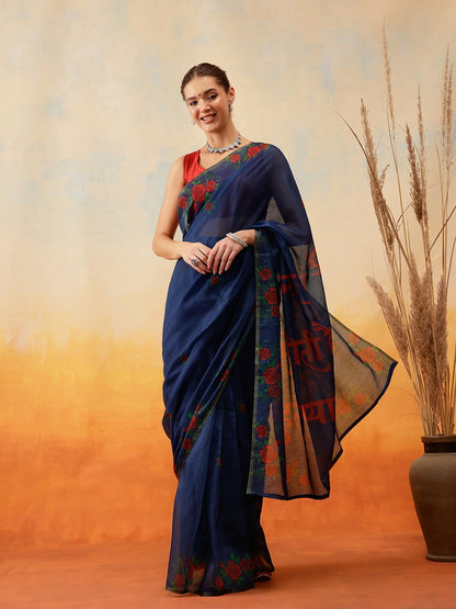 Buy Navy Blue & Red Floral Printed Chanderi Saree with Printed Border | Indiaista