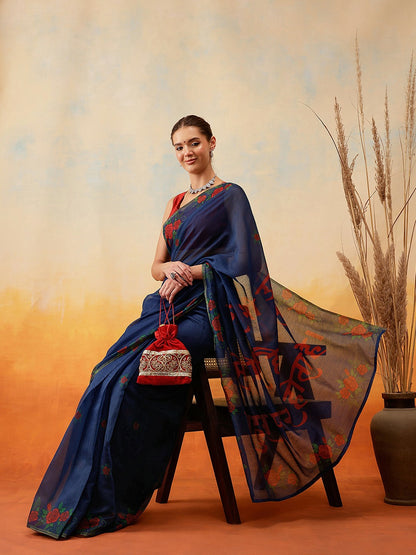 Buy Navy Blue & Red Floral Printed Chanderi Saree with Printed Border | Indiaista