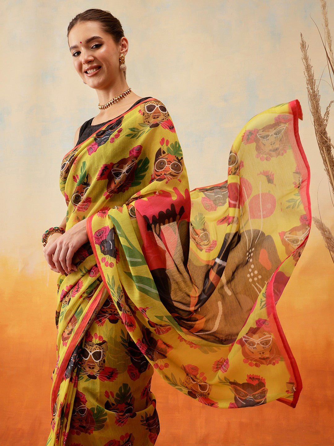 Mustard Green & Pink Chanderi Saree – Abstract Print with Solid Border | Indiaista