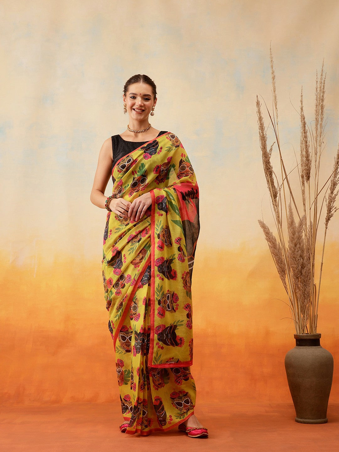 Mustard Green & Pink Chanderi Saree – Abstract Print with Solid Border | Indiaista