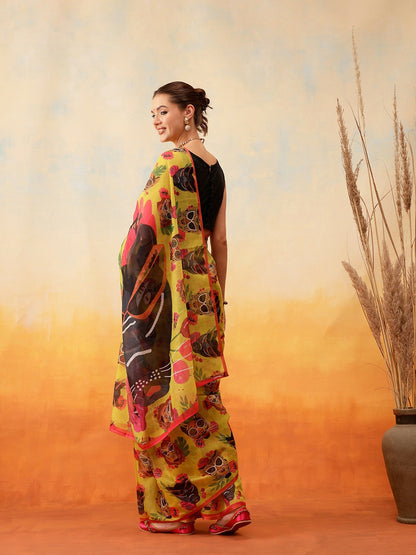 Mustard Green & Pink Chanderi Saree – Abstract Print with Solid Border | Indiaista