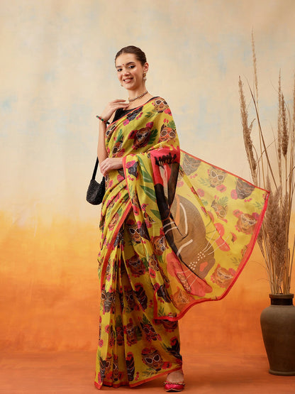 Mustard Green & Pink Chanderi Saree – Abstract Print with Solid Border | Indiaista