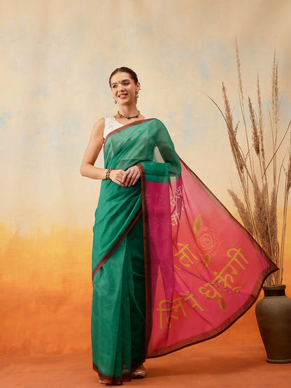 Kalamkari Printed Chanderi Ready to Wear Saree – Green & Magenta | Indiaista