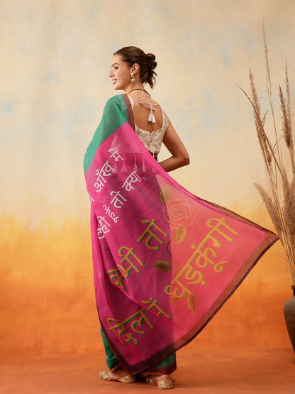 Kalamkari Printed Chanderi Ready to Wear Saree – Green & Magenta | Indiaista