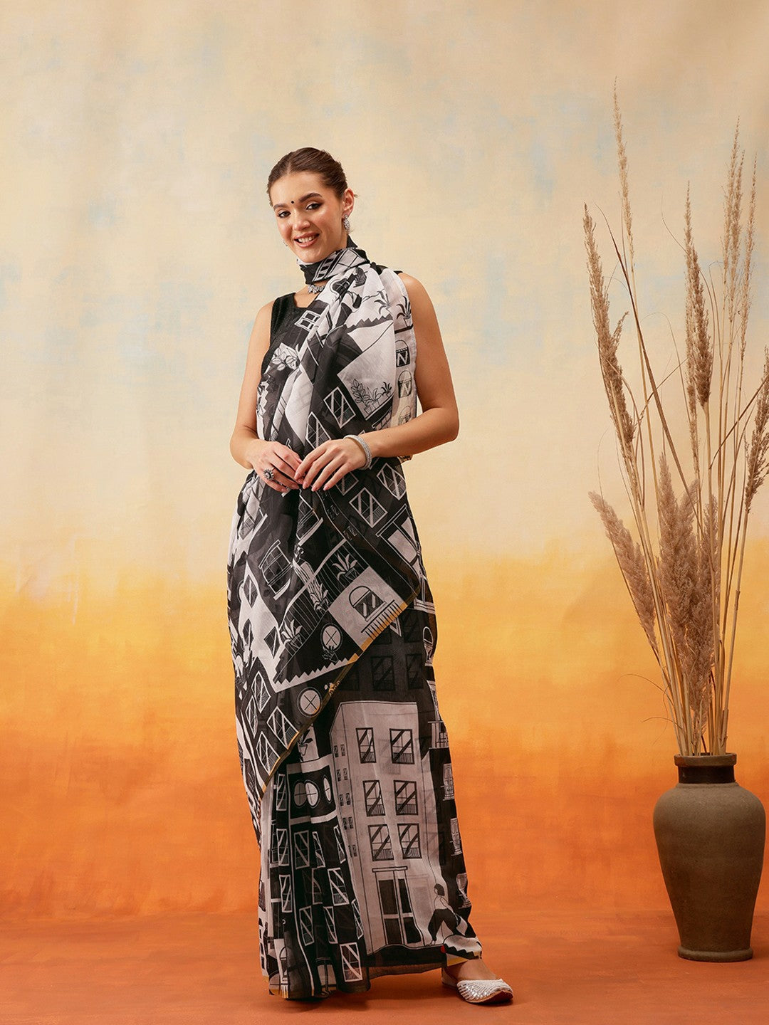 Women’s Abstract Chanderi Ready-to-Wear Saree – White & Black | Indiaista