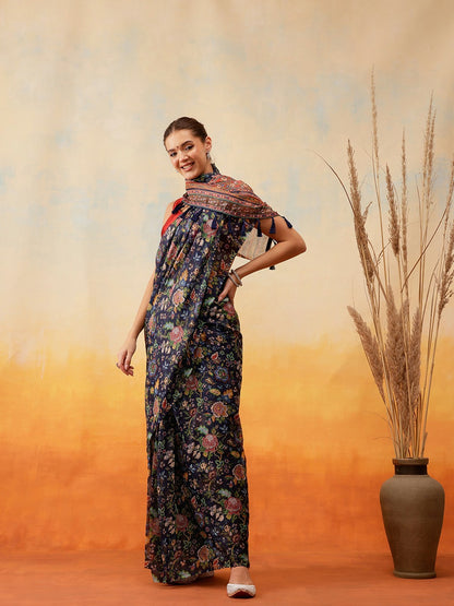 Floral Printed Chanderi Ready to Wear Saree - Navy Blue & Red | Indiaista