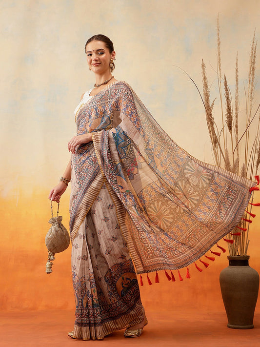 Grey & Pink Chanderi Saree – Abstract Print with Printed Border | Indiaista