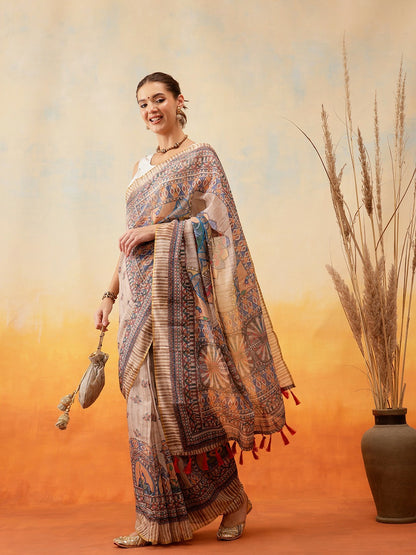 Grey & Pink Chanderi Saree – Abstract Print with Printed Border | Indiaista