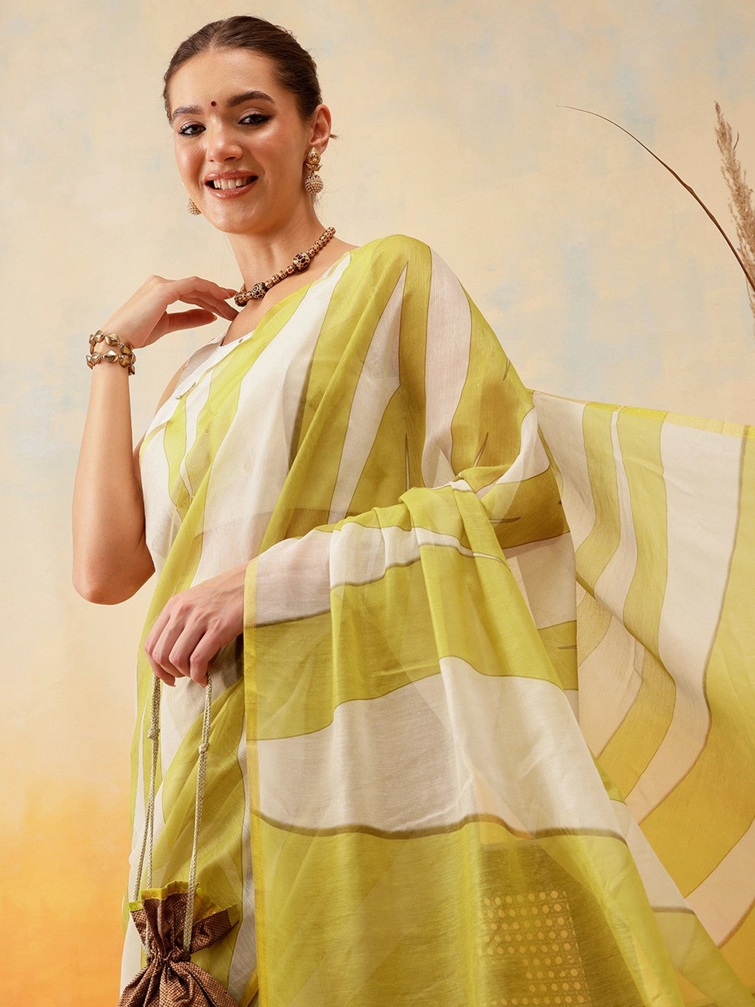 Buy Yellow & White Leheriya Chanderi Saree Online – Elegant Printed Border | Indiaista