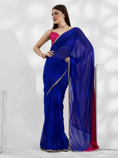 Gotta Patti Pure Georgette Saree – Blue & Red | Ready to Wear | Indiaista